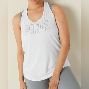 NWT VS Pink Ultimate Knit Racerback Tank in White w Silver - Size L
